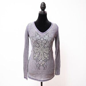 VTG Y2K Fleur de Lis Purple Sheer Rhinestone Long Sleeve Glam Grunge Indie Sz S